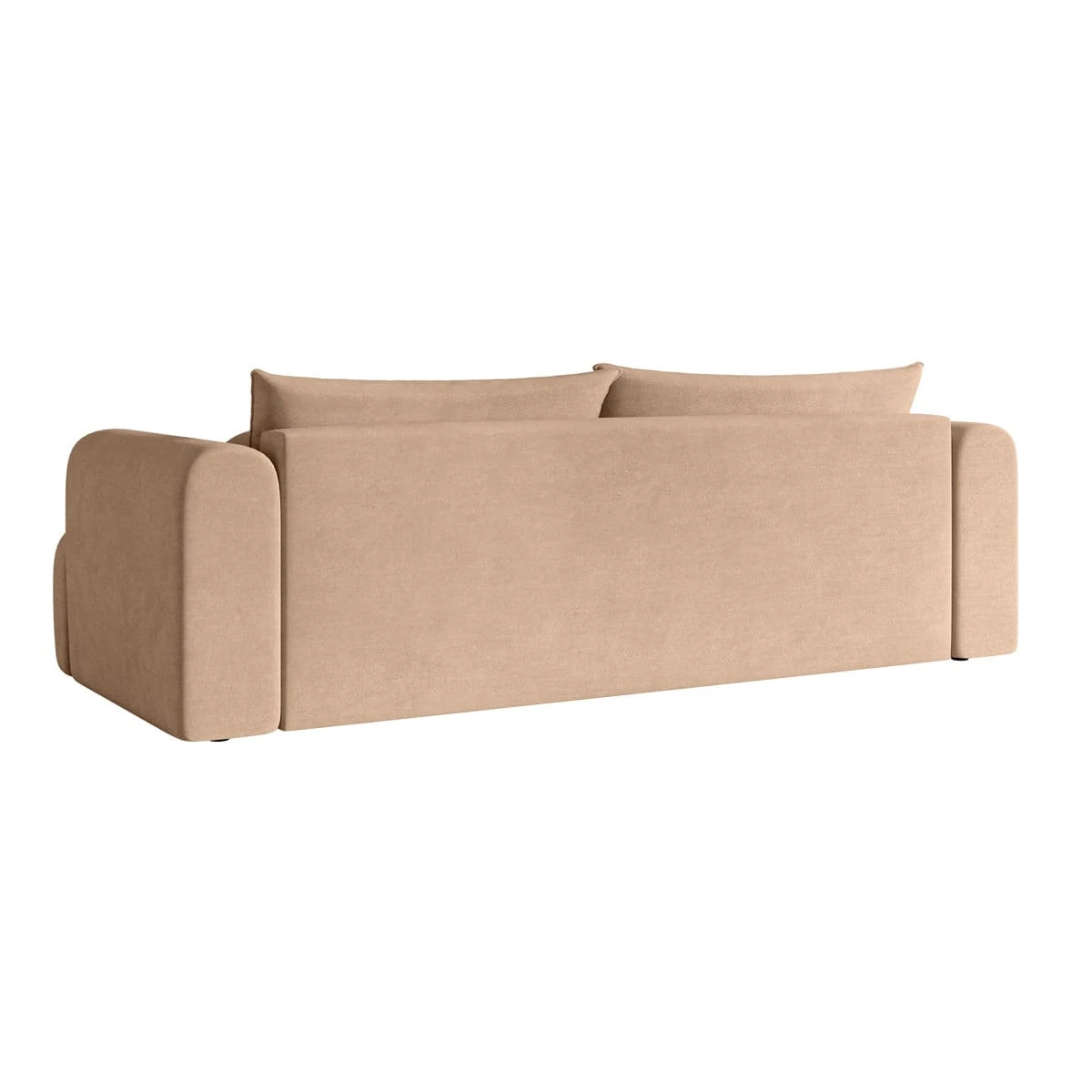 Rear view of the beige sofa showing the full upholstered back and curved side arms