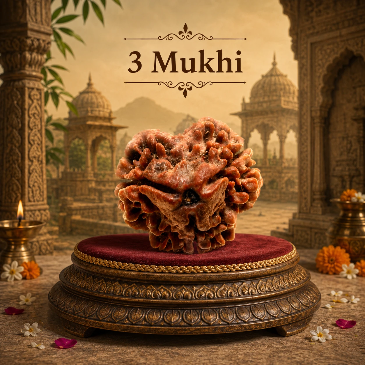 Front view of 3 Mukhi Rudraksha on a red velvet pedestal with ornate temple setting