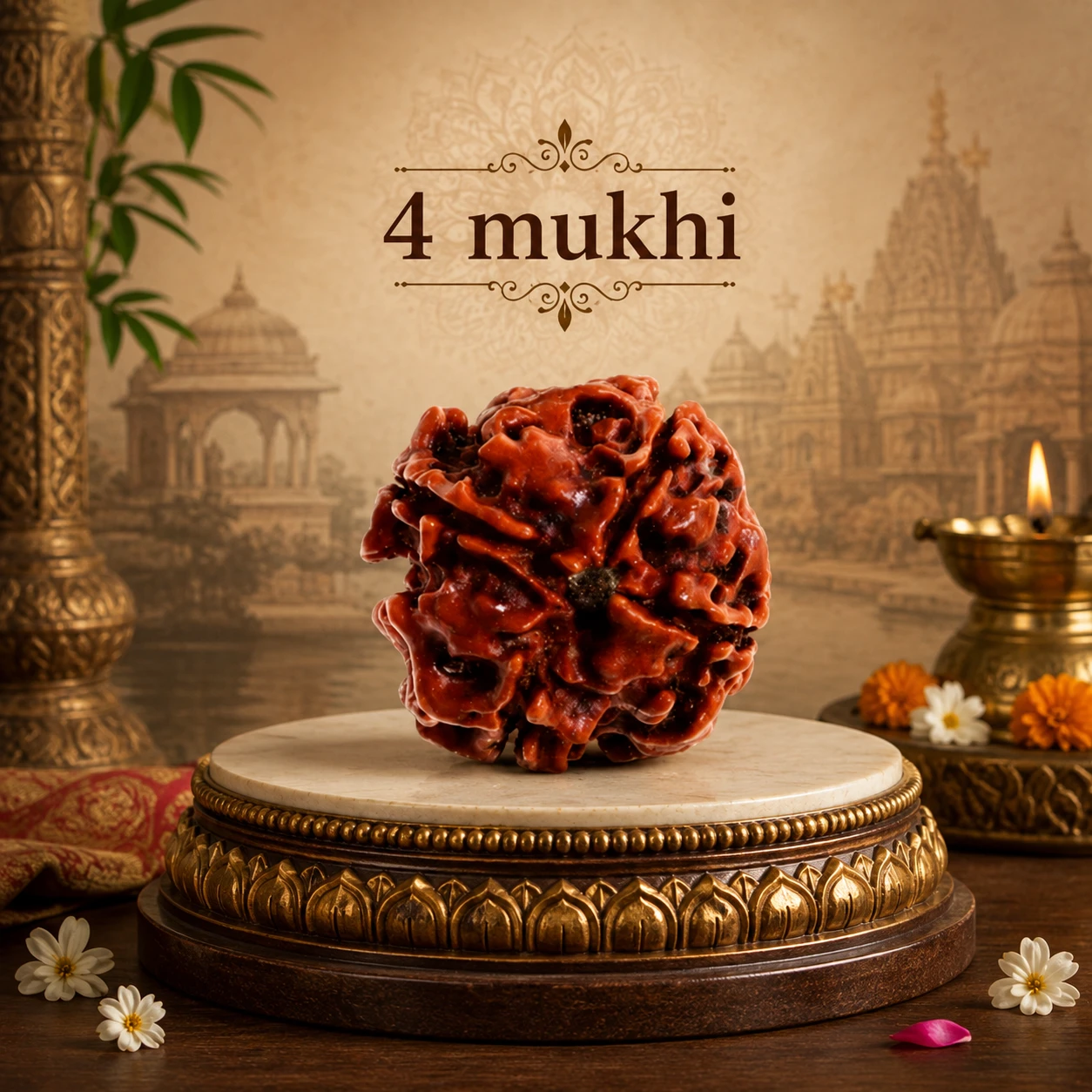 Front view of a reddish-brown 4 mukhi Rudraksha on an ornate round pedestal with temple backdrop