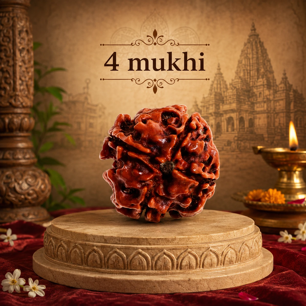 Close front angle of the 4 mukhi Rudraksha on a carved beige stand with diya and flowers behind