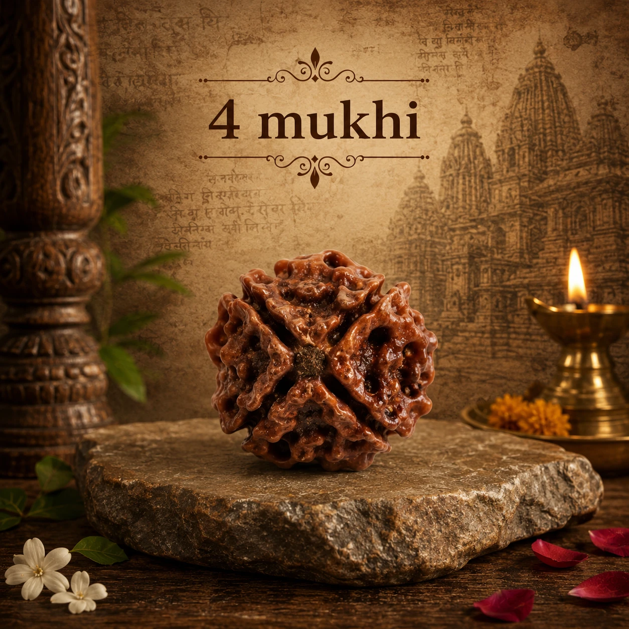 Rear or alternate side of the 4 mukhi Rudraksha showing four segmented faces on a rough stone slab