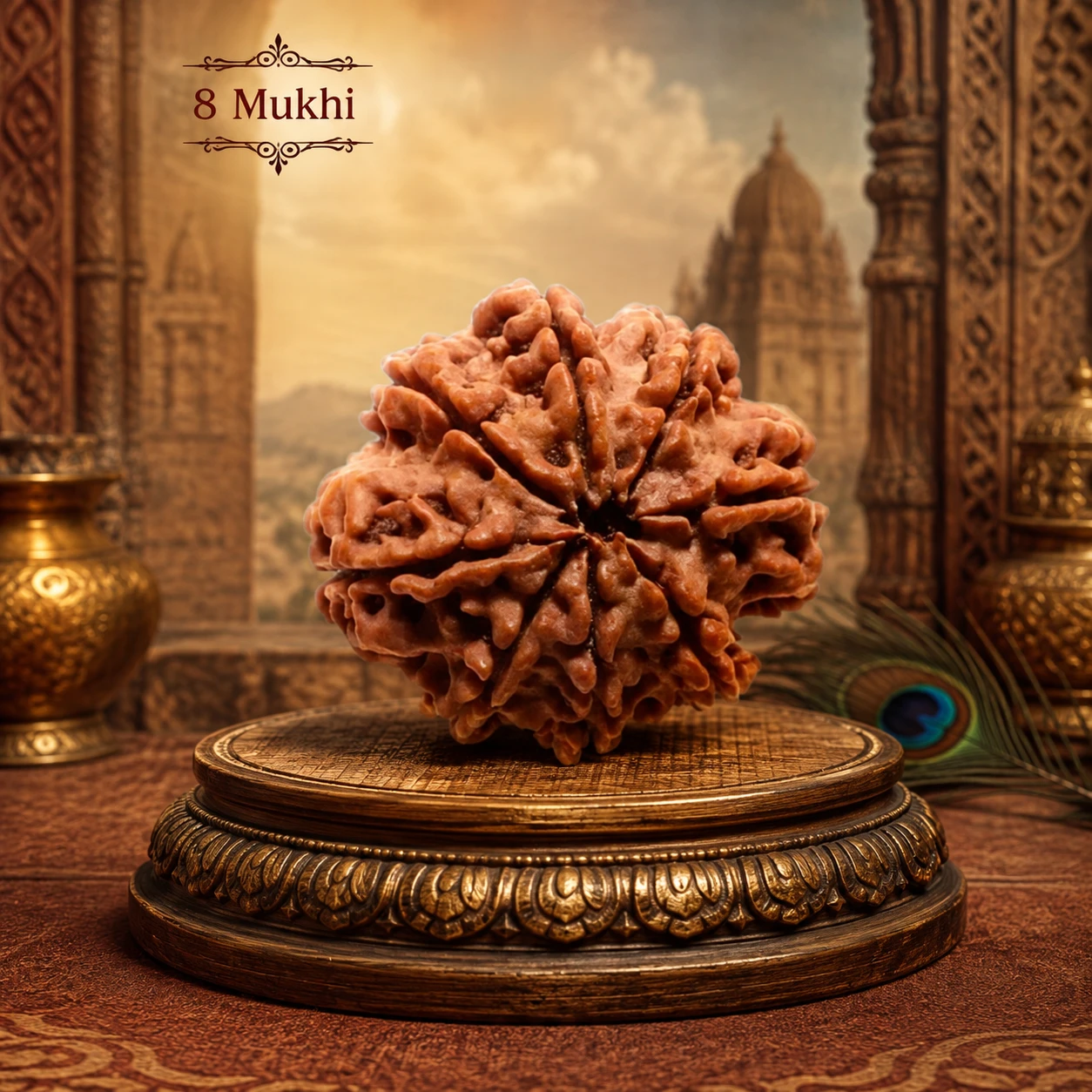 8 Mukhi text above Rudraksha bead centered on an ornate gold-trimmed pedestal with temple arch backdrop