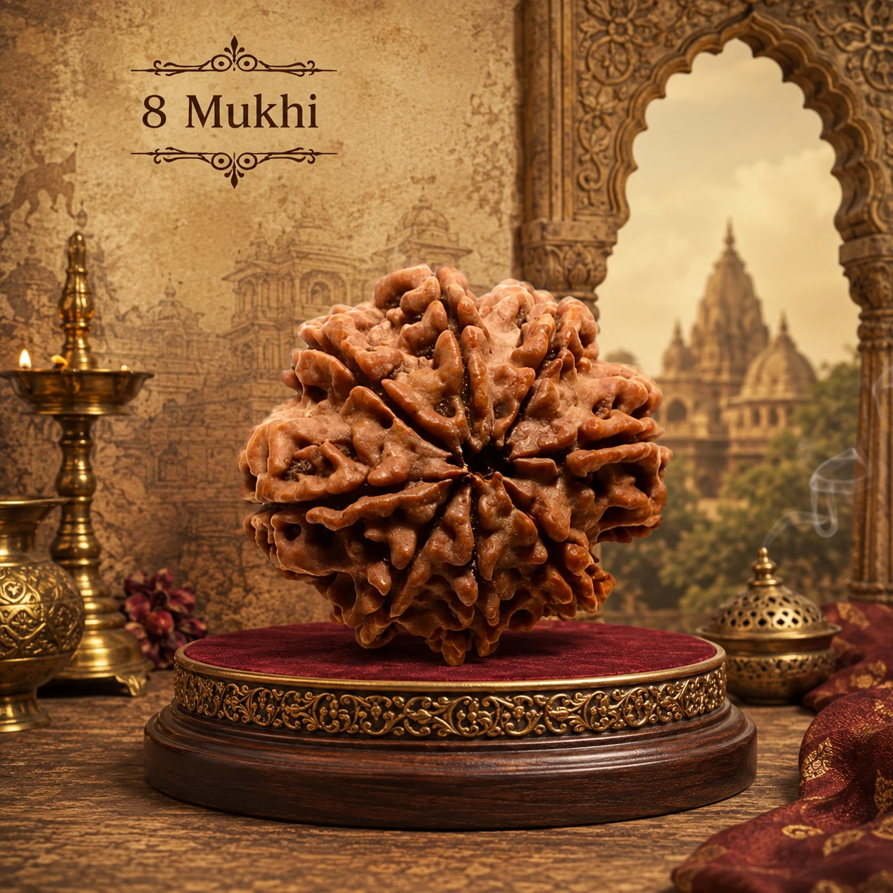 Rudraksha bead on a red velvet and gold display base, with 8 Mukhi text, brass lamp, and incense burner