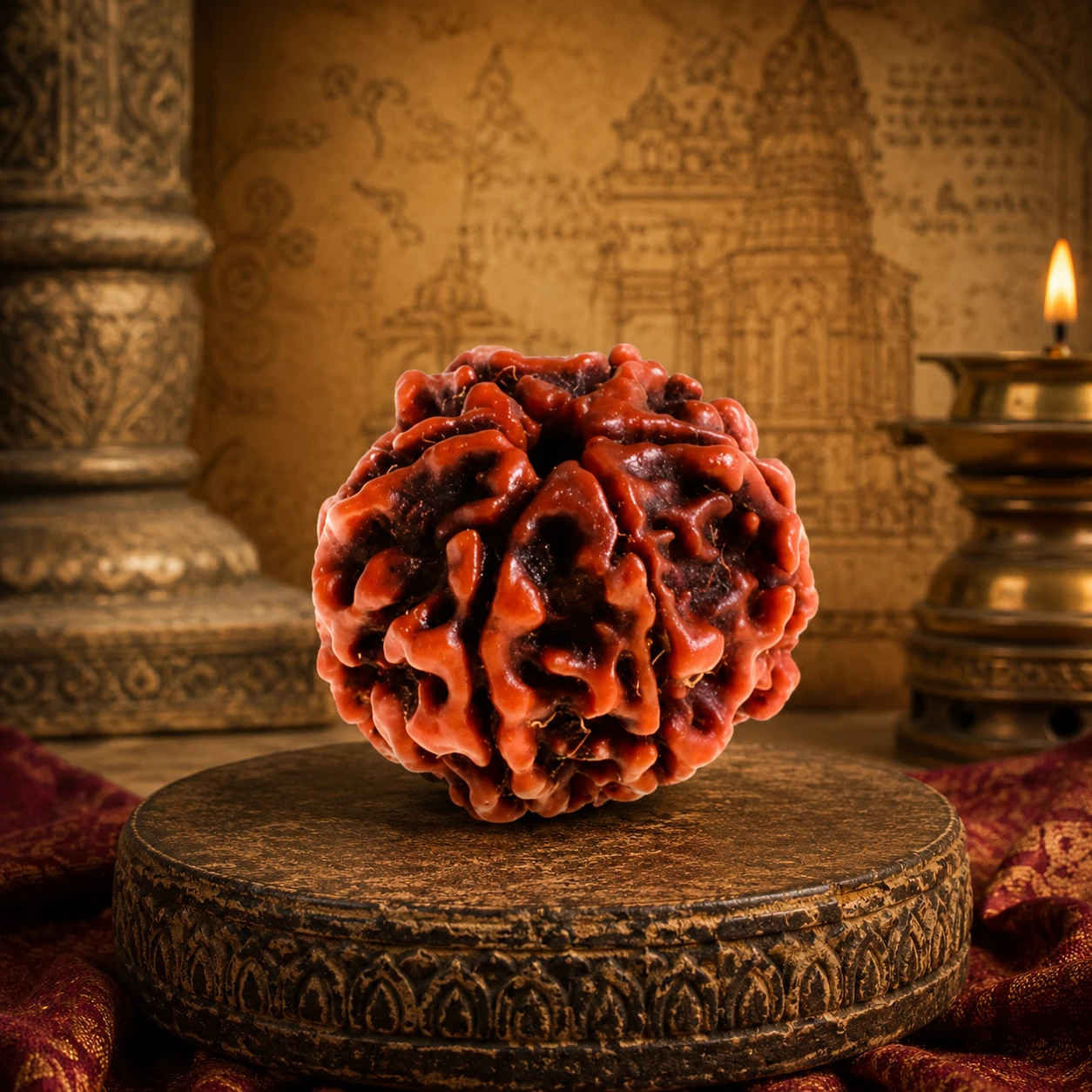 Close front view of the textured 6 mukhi rudraksha on a dark carved display stand