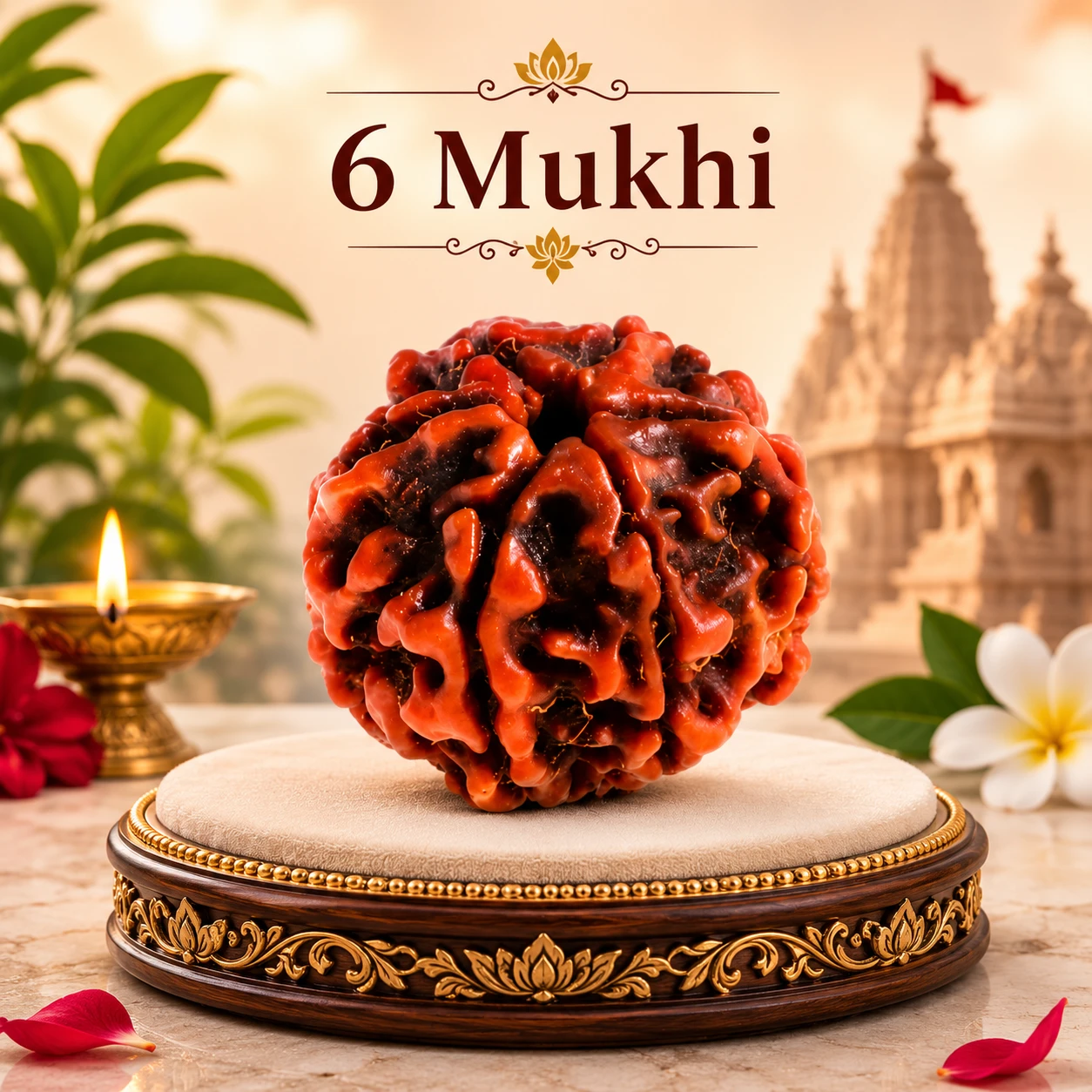 6 Mukhi text above rudraksha bead on a cream and gold stand with diya and flowers