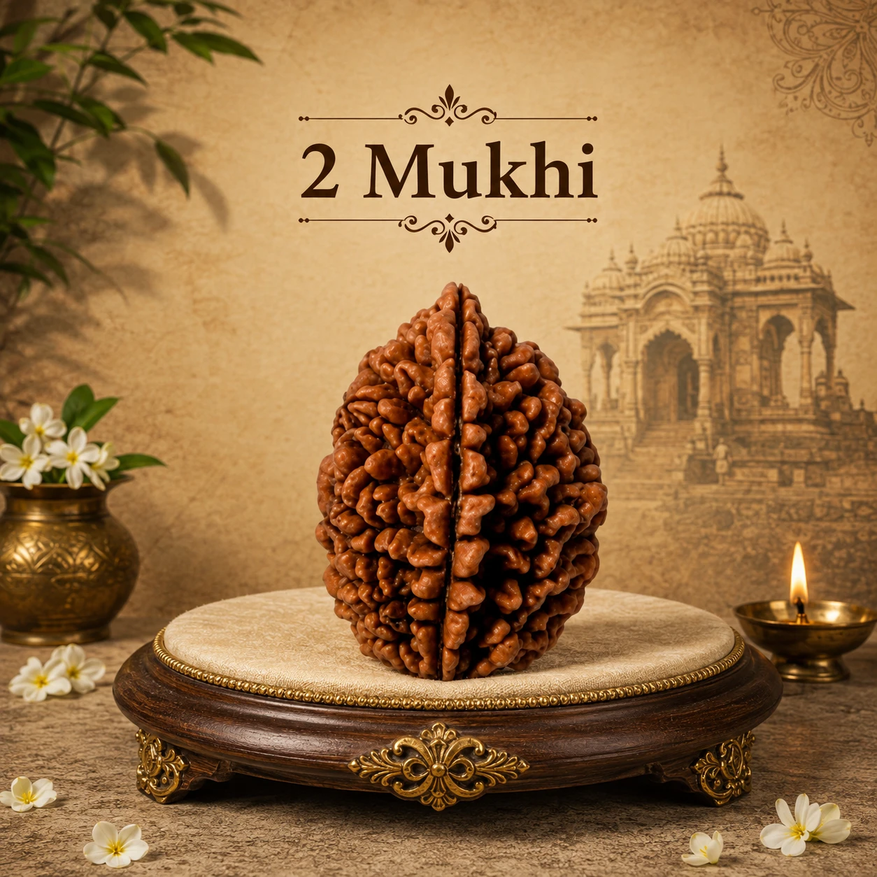 Close front view of 2 Mukhi Rudraksha on a round carved wooden stand with temple backdrop and diya