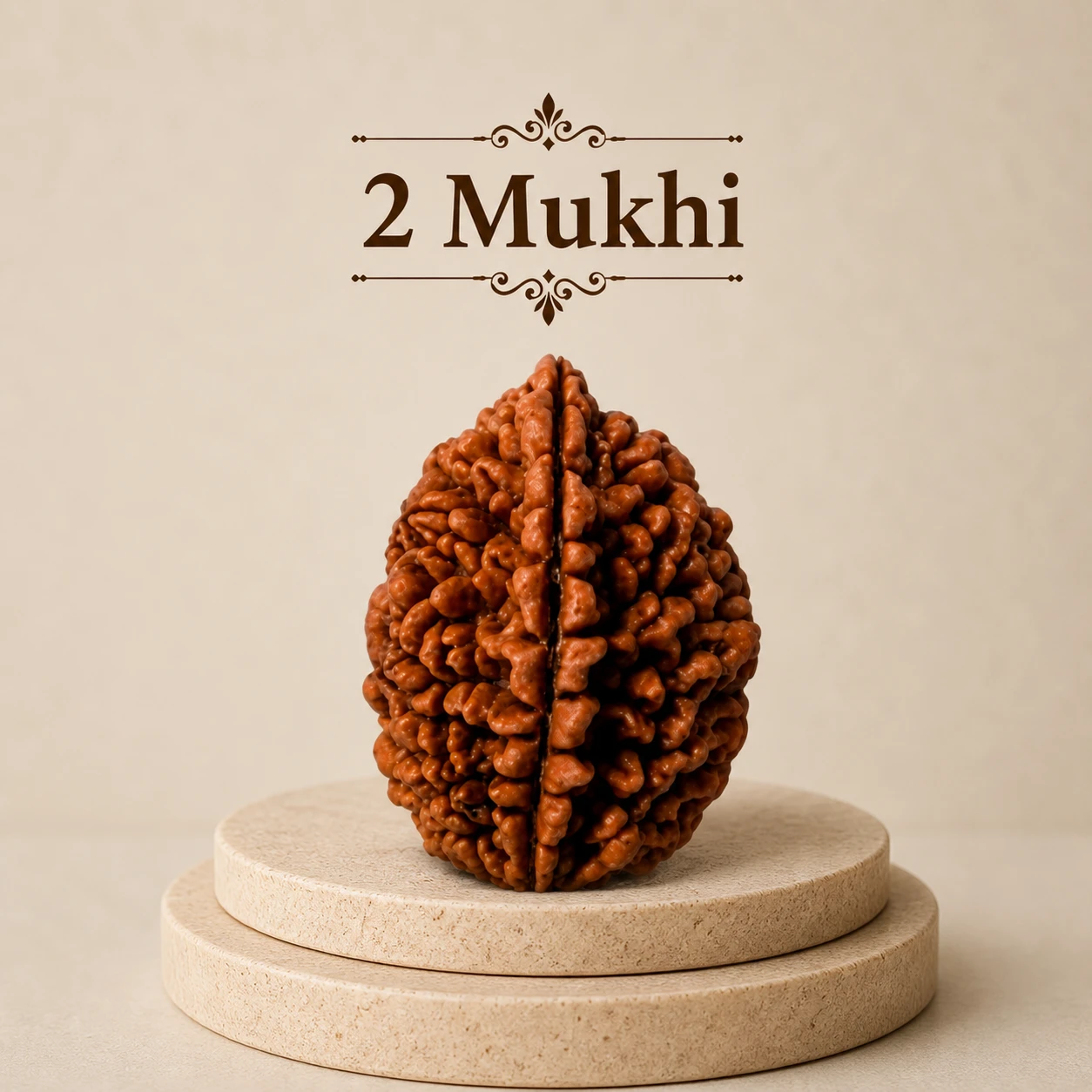 2 Mukhi Rudraksha bead centered on stacked beige stone discs with title text above on a plain background