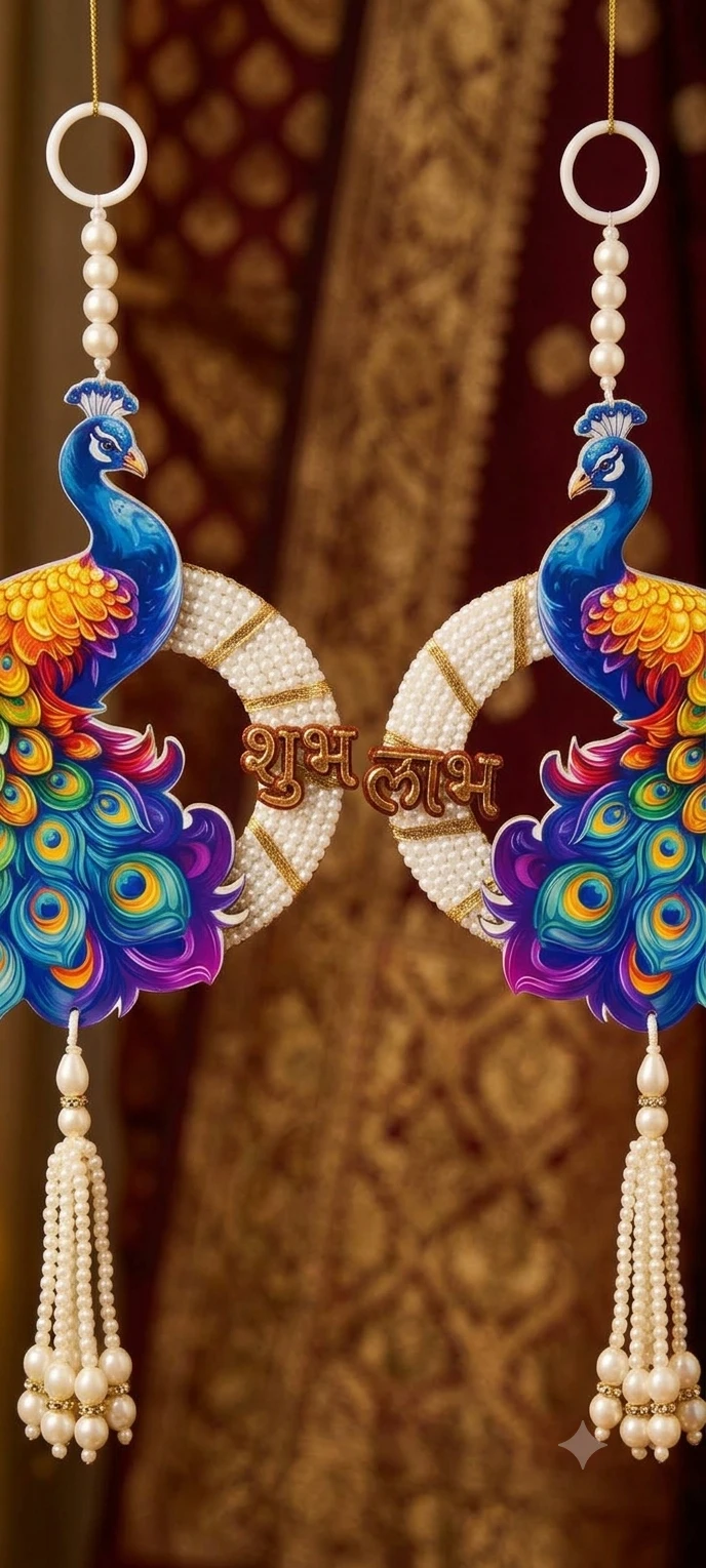 Pair of colorful peacock Shubh Labh hangings with pearl tassels displayed in a festive Diwali setup