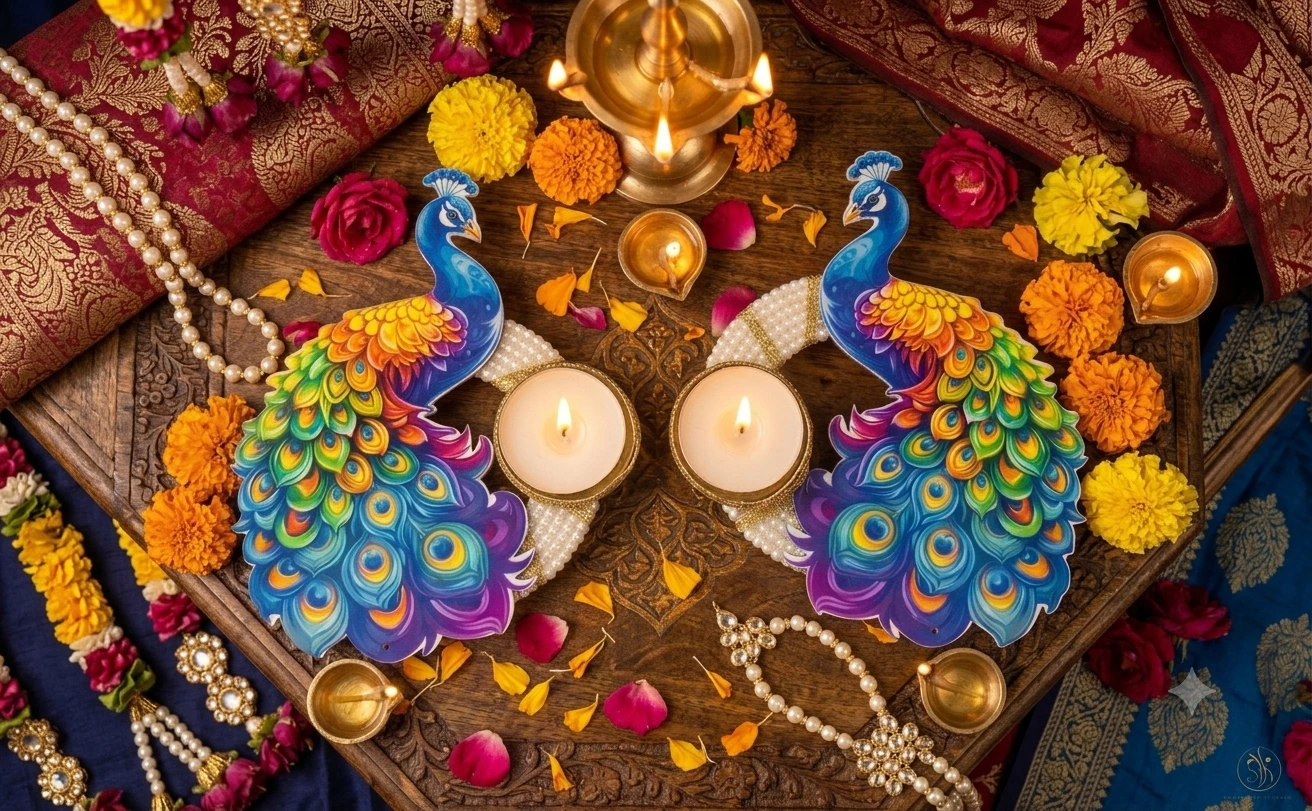 Pair of colorful peacock Shubh Labh hangings with pearl tassels displayed in a festive Diwali setup