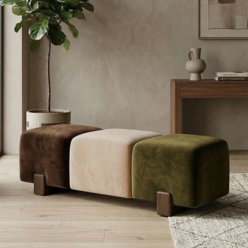 Velvet 3-seater bench shown in brown, cream and green sections with solid wood block legs