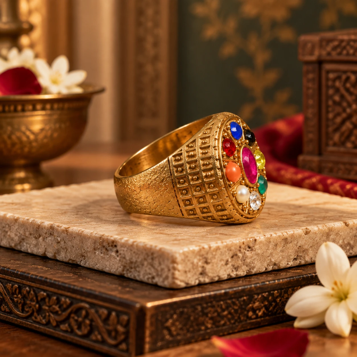 Angled side view of a gold-toned ring with engraved band and multicolour oval stone top on a stone slab