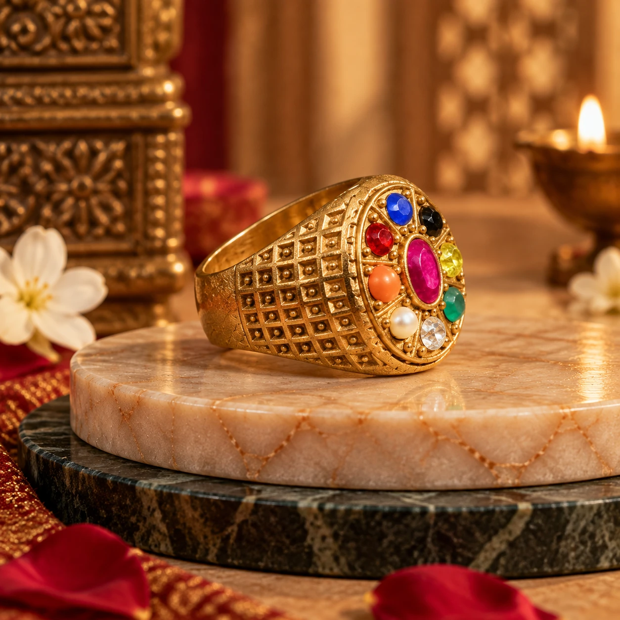 Side profile of the textured gold-toned statement ring displayed on a round marble platform with warm decor