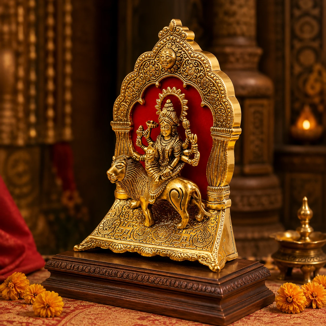 Angled view of golden Maa Durga idol on lion with ornate arch and red backdrop on a wooden pedestal