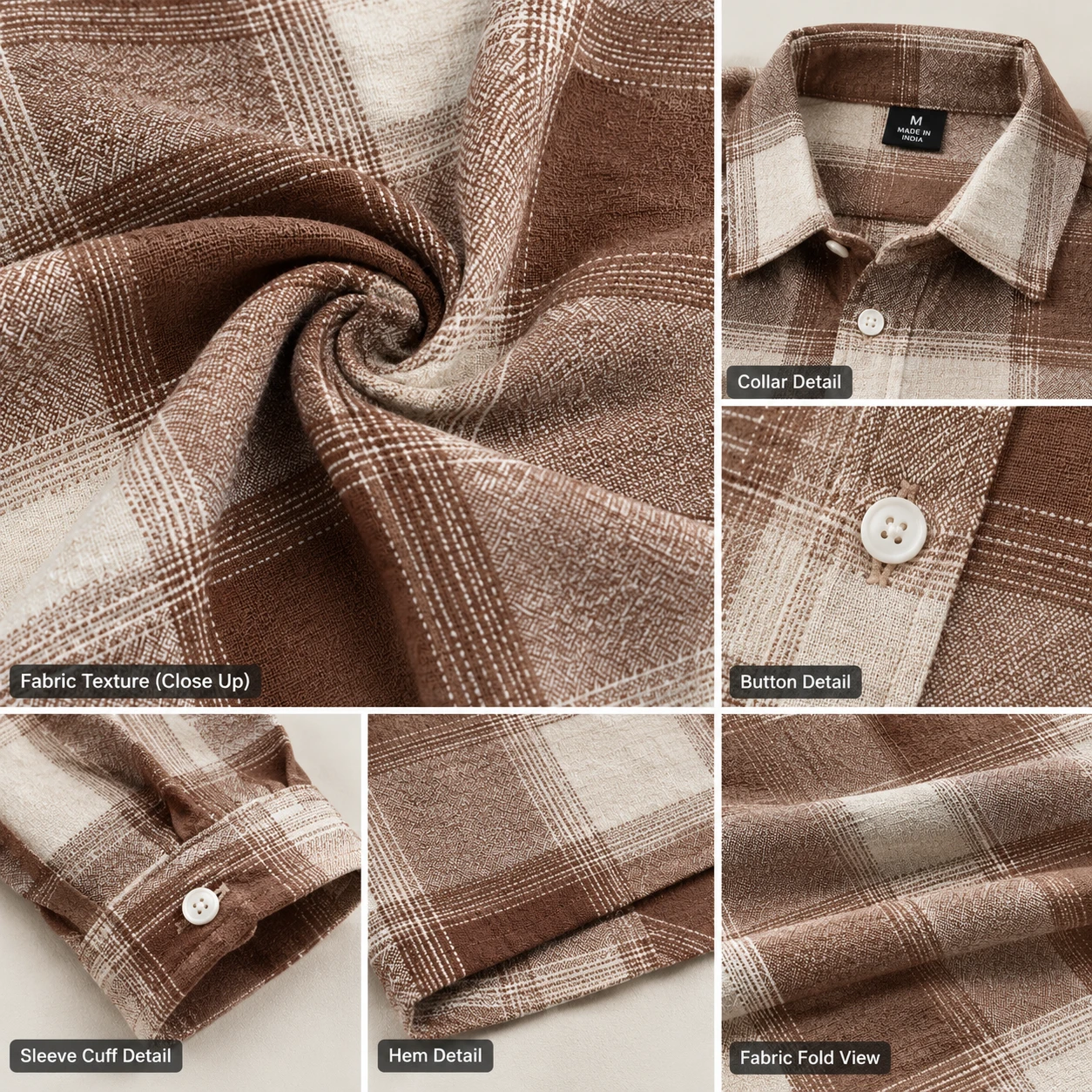 Collage showing fabric texture, collar, button, sleeve cuff, hem and fold details