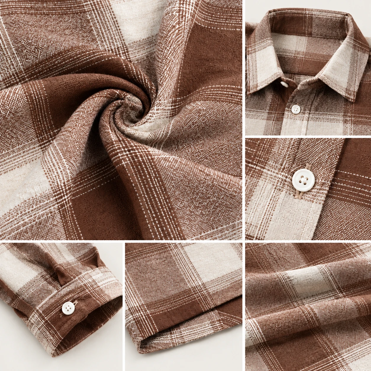 Close-up collage of plaid fabric, collar, button, cuff, hem and drape details