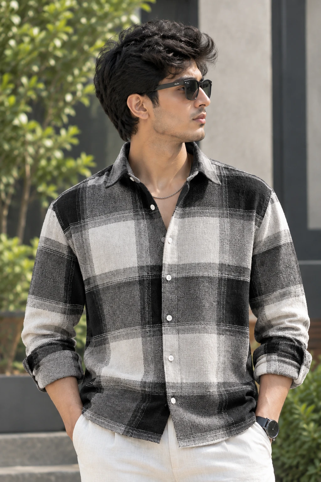 Front view of black and white checked men's shirt worn with sleeves rolled up
