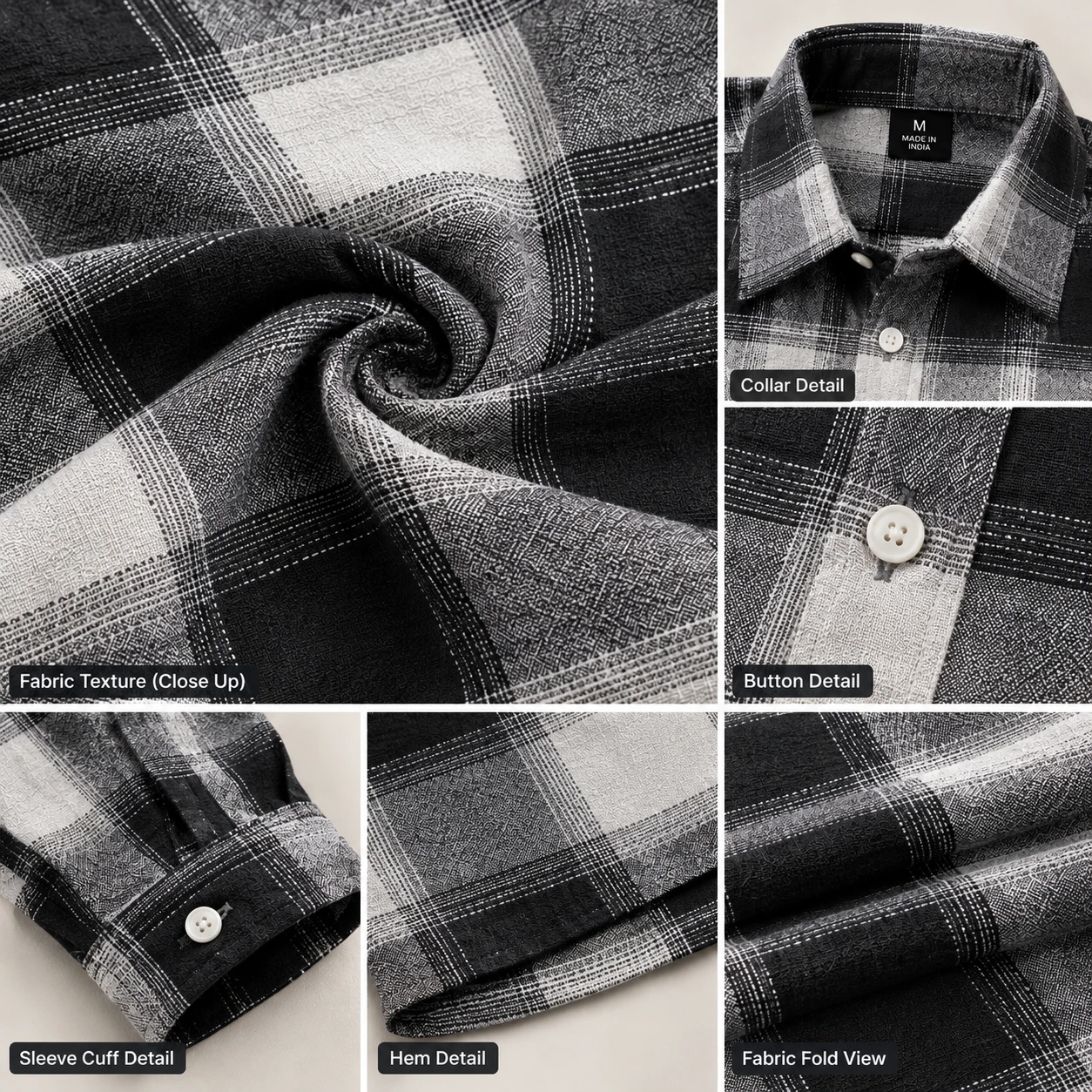 Collage of fabric texture, collar, button, cuff and hem details of the checked shirt