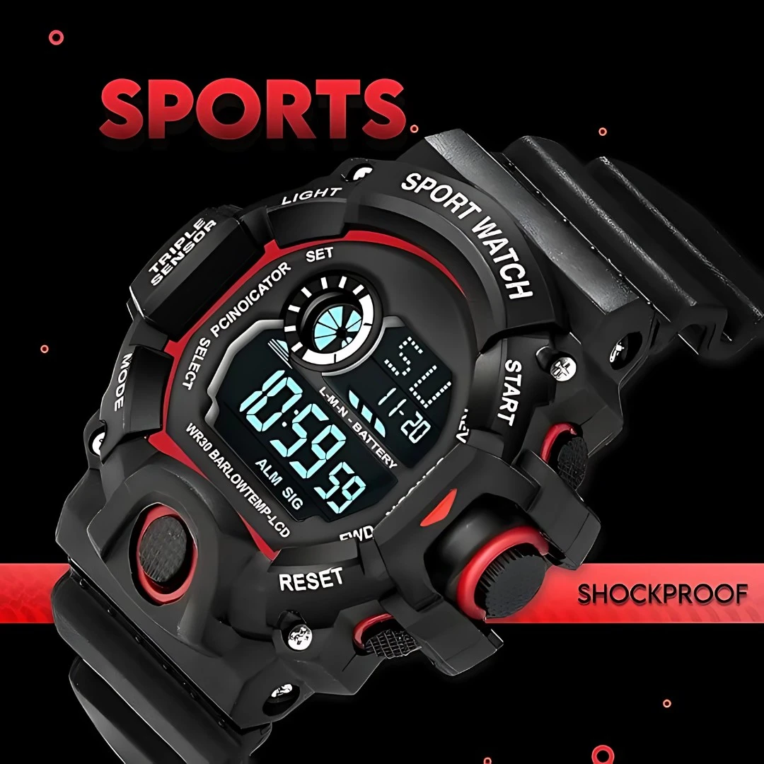 Angled close view showing rugged case, red accents and shockproof sports watch styling
