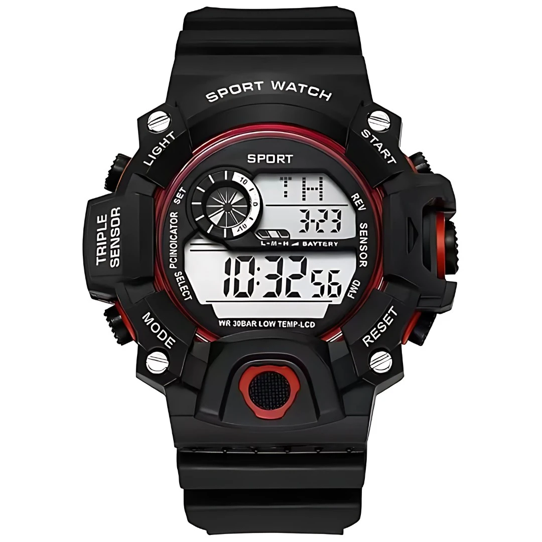 Straight-on view with light background showing full dial layout and black strap