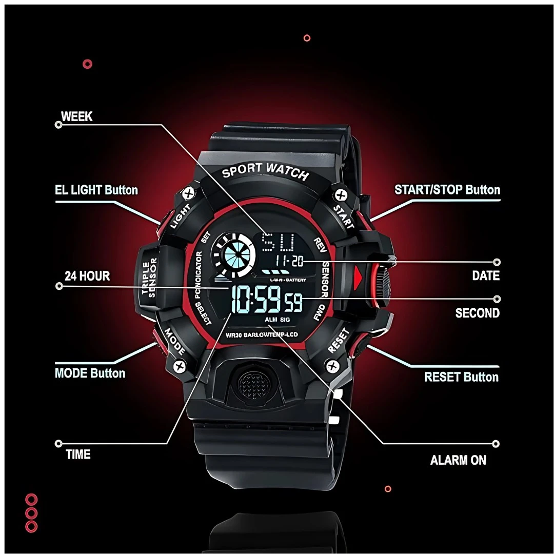 Feature graphic labeling week, time, date, alarm and control buttons on the watch face