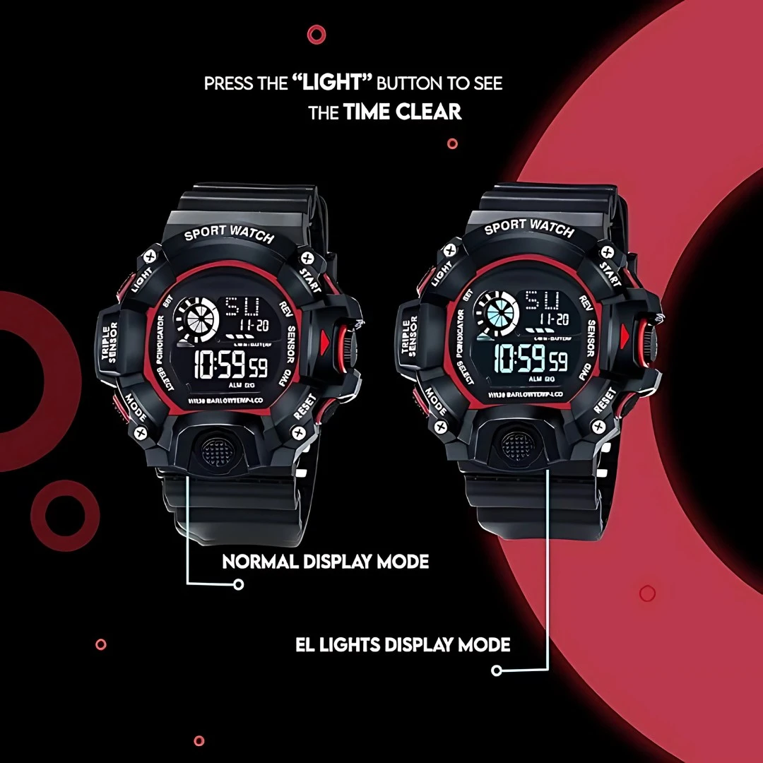 Comparison graphic of normal display and EL light mode on the digital watch