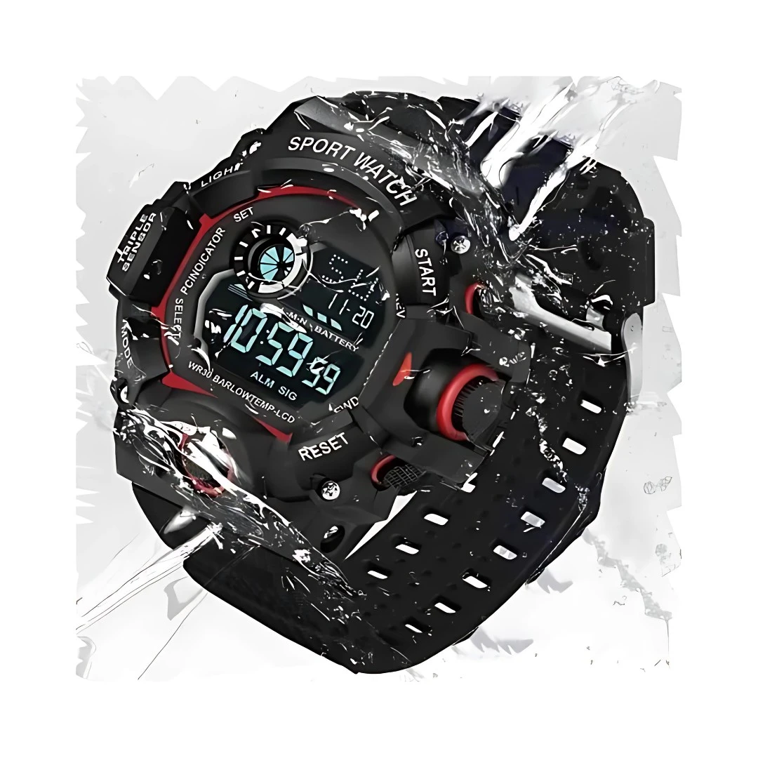 Watch shown with splashing water effect, highlighting water-resistant sporty design