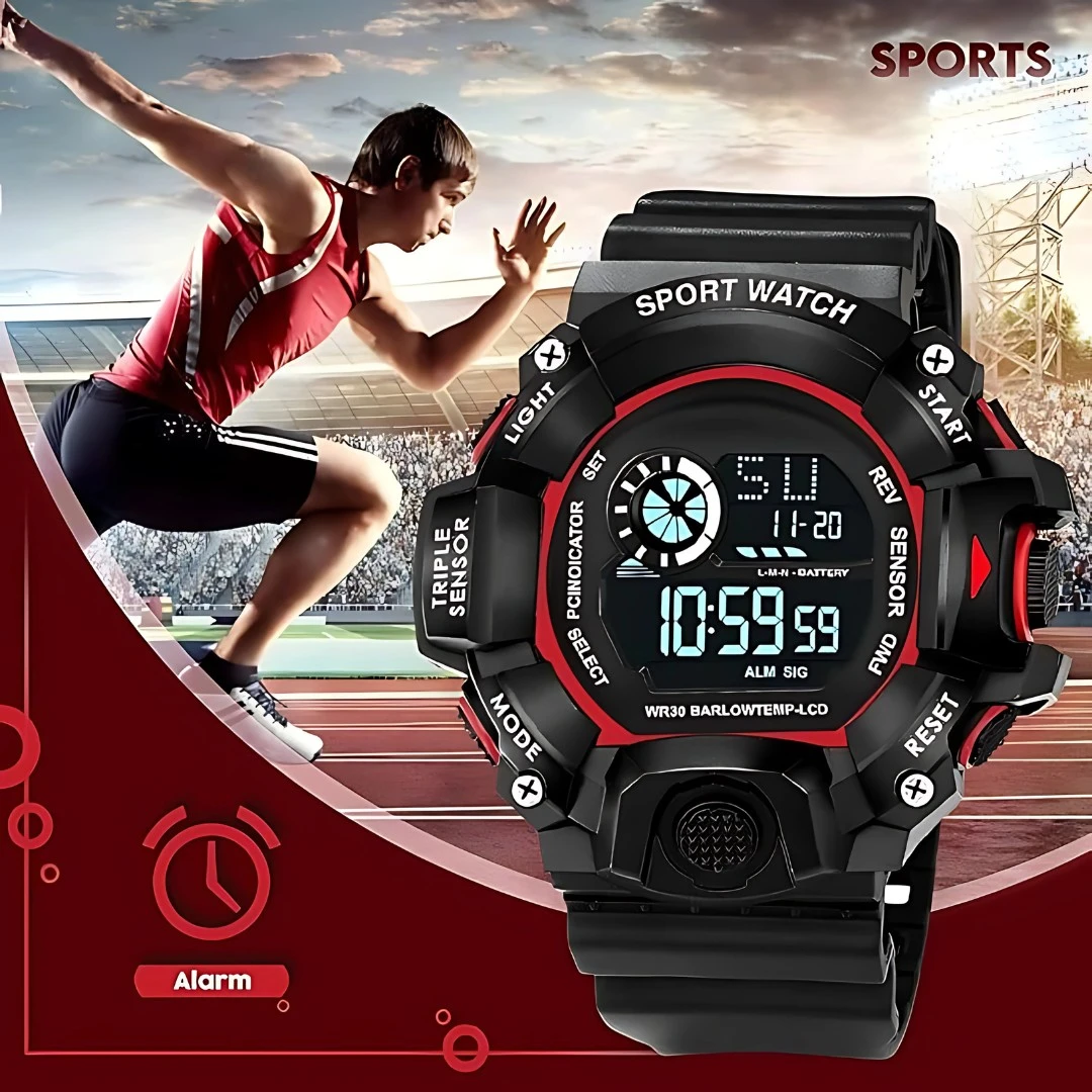 Sports-themed promotional graphic with runner backdrop and alarm icon beside the watch