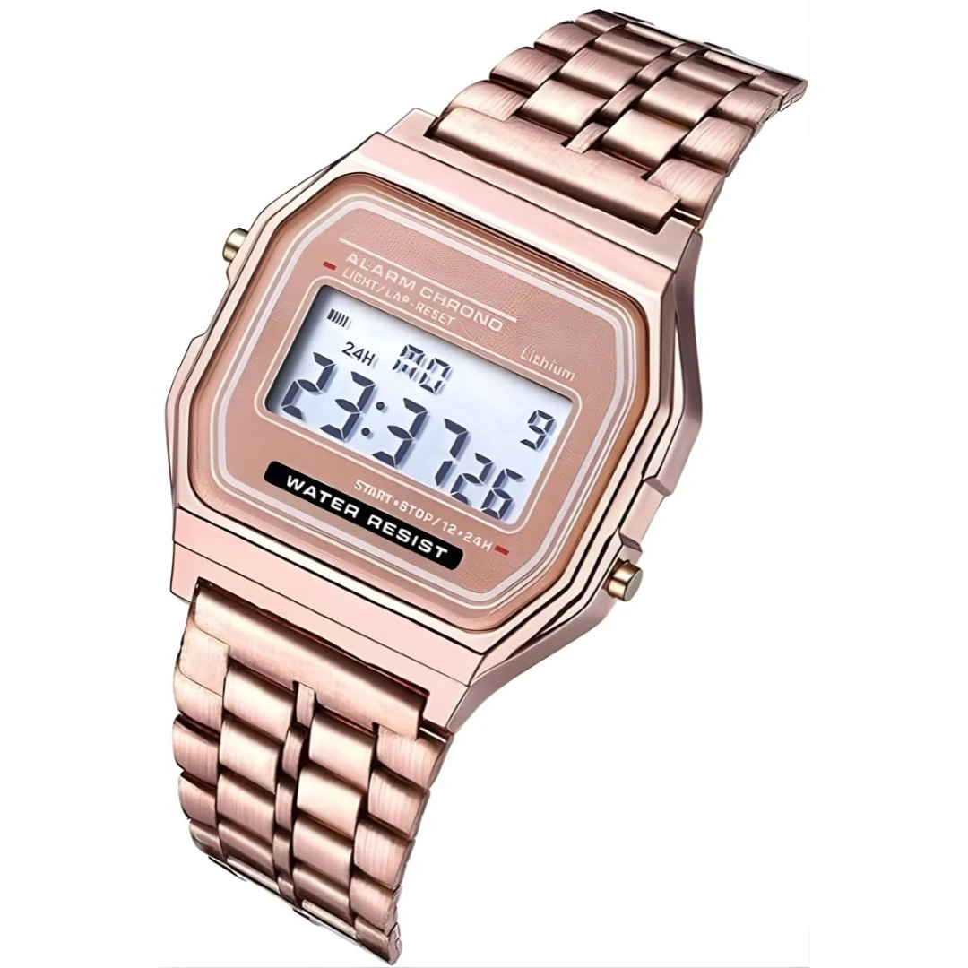 Angled front view showing the rose gold case depth, digital display and brushed metal bracelet links