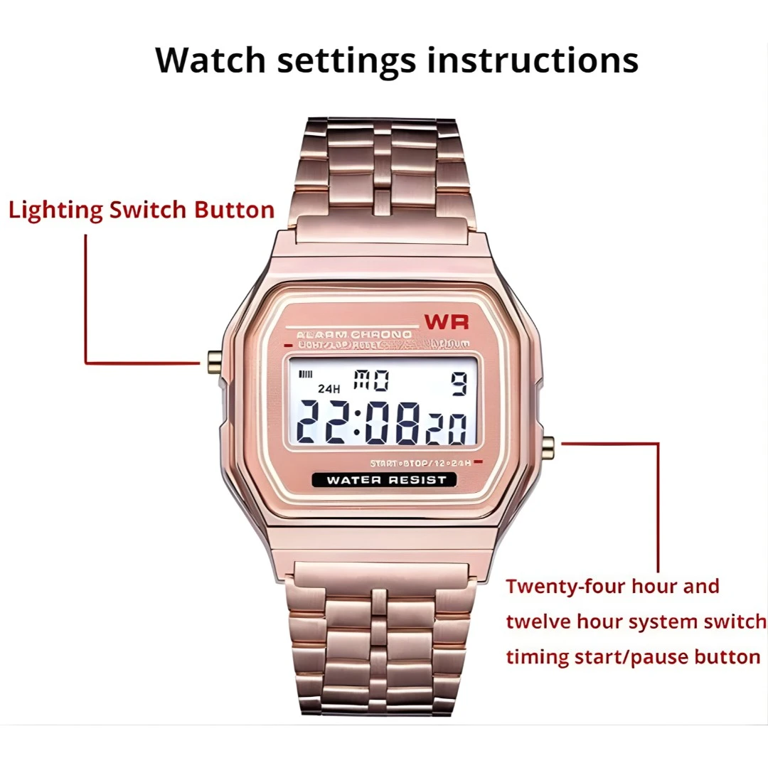 Instruction graphic labeling the side buttons and watch settings on the rose gold digital model