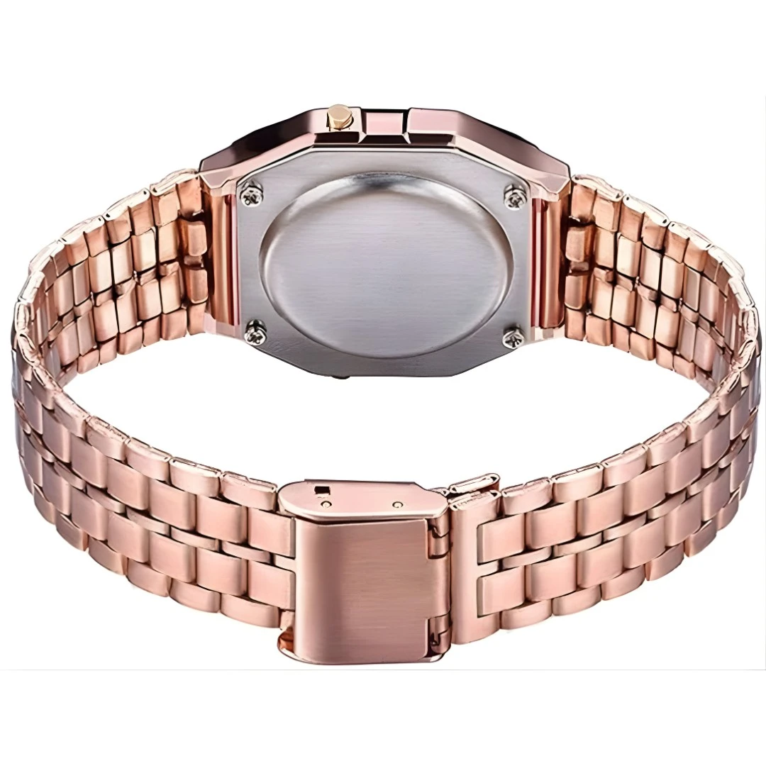 Back view showing the stainless steel caseback, screw details and fold-over clasp on the bracelet
