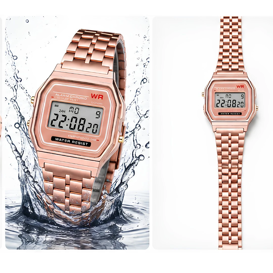 Front view of rose gold digital watch with square face and metal link bracelet on white background