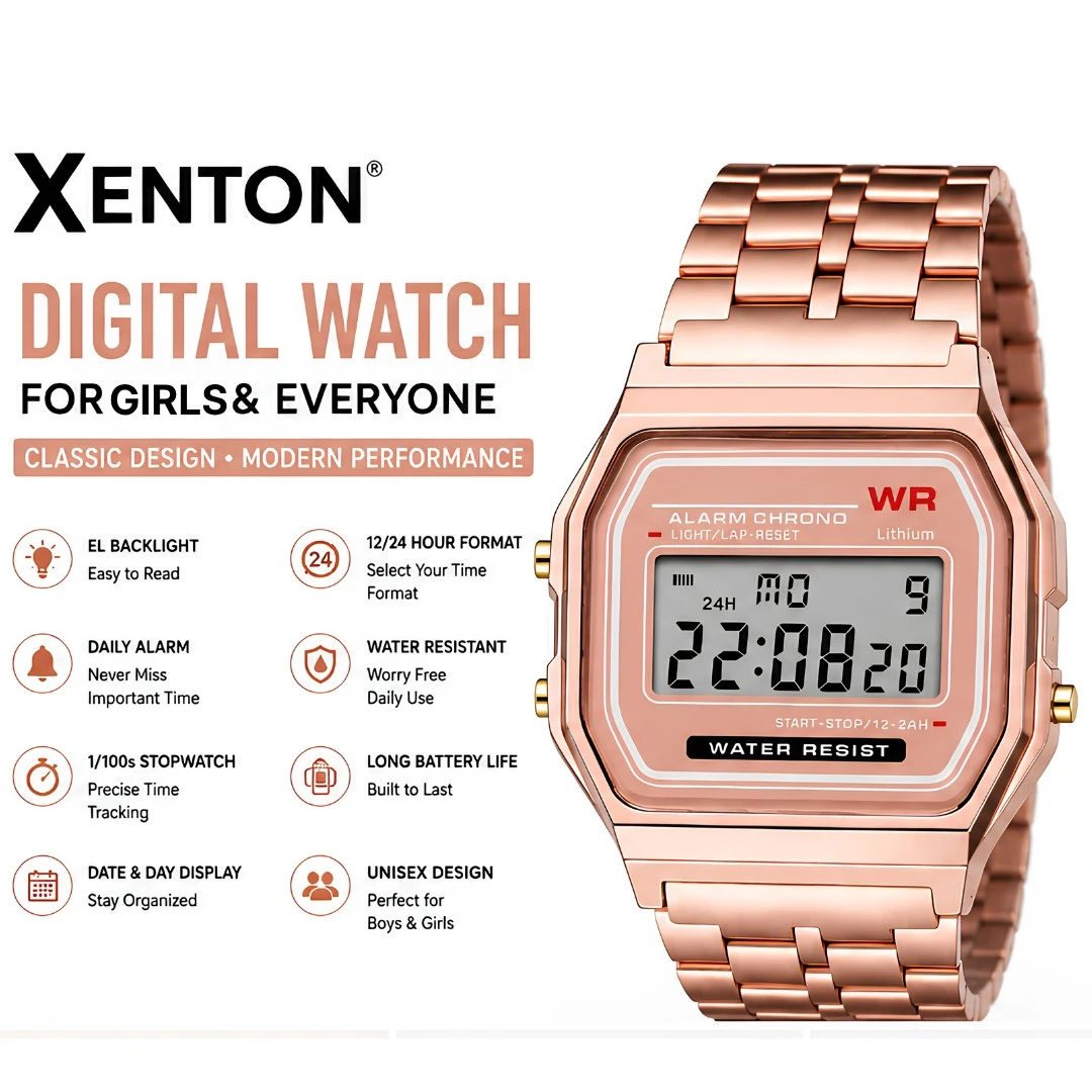 Front view of rose gold digital watch with square face and metal link bracelet on white background