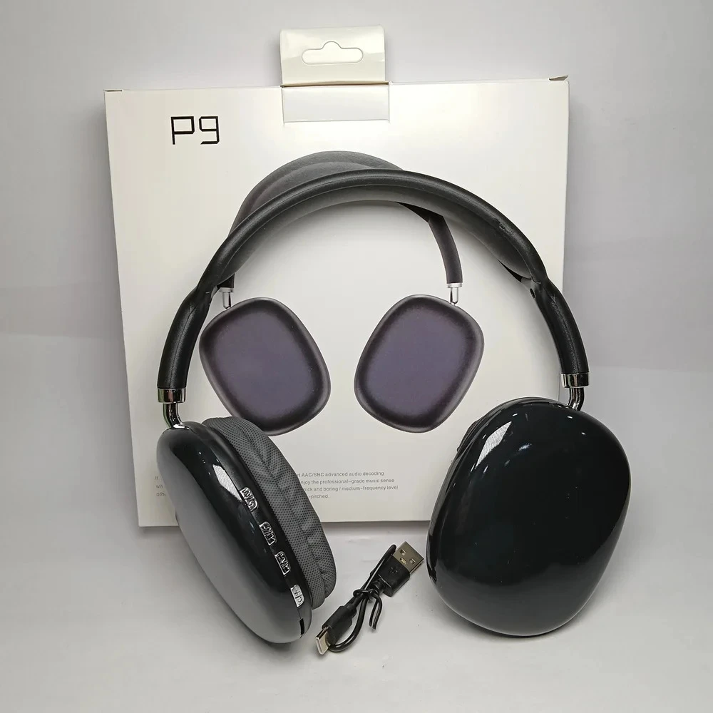 Black P9 headphones displayed with retail box and short USB charging cable