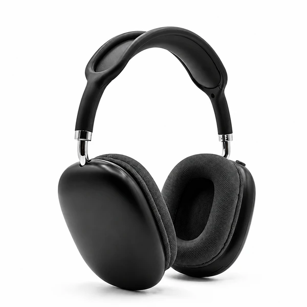 Angled studio view of black over-ear headphones highlighting padded ear cups and headband