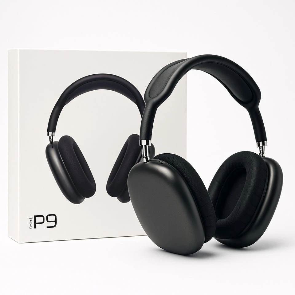 Black P9 headphones posed in front of matching retail box on a white background