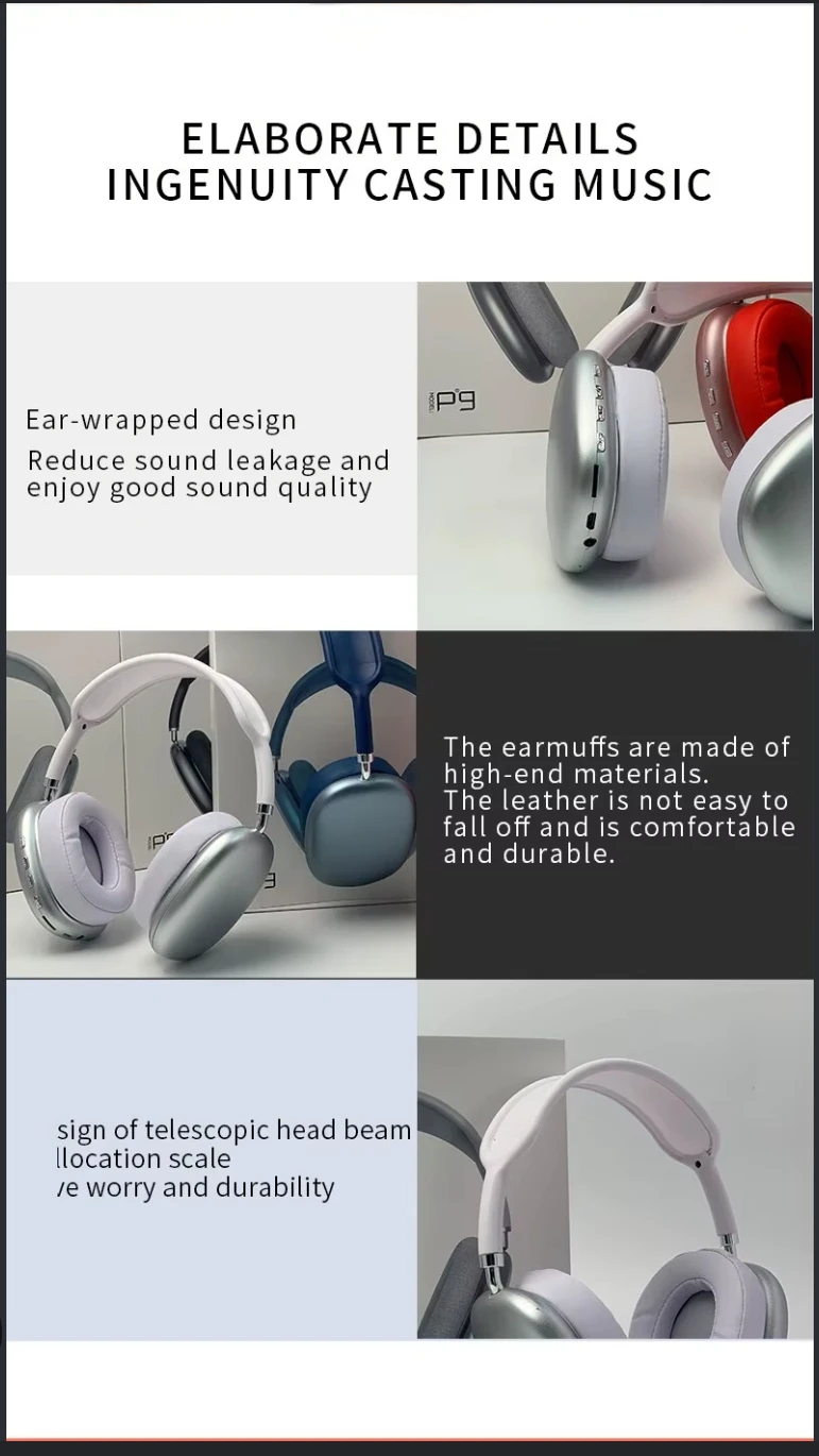 Product feature collage showing silver over-ear headphones, side buttons, ear cushions, and adjustable headband details