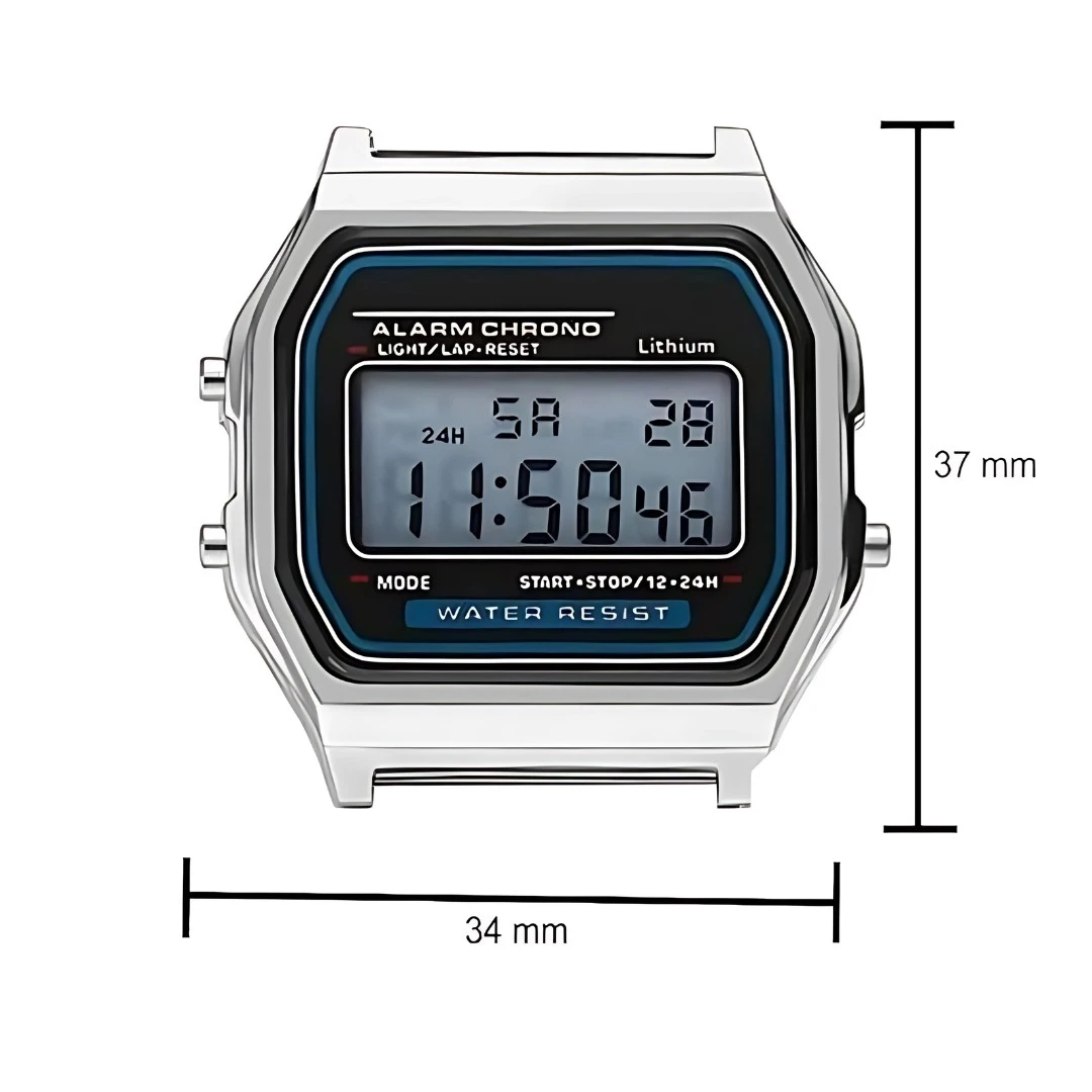 Watch case shown without strap, with size graphic marking 34 mm width and 37 mm height