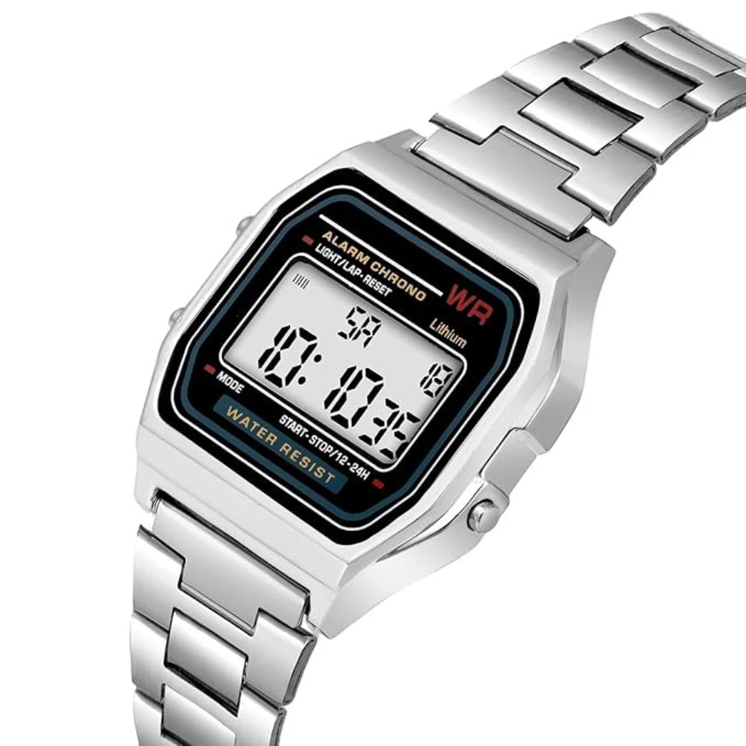 Angled close-up of the digital dial and side buttons on the silver metal watch case