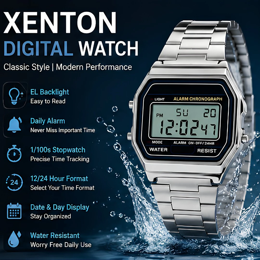 Feature graphic showing Xenton digital watch with backlight, alarm, stopwatch and water resistance
