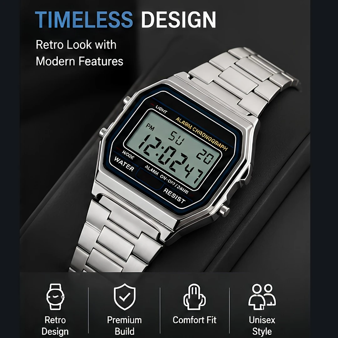 Watch resting on a dark surface with retro design and comfort-fit feature callouts