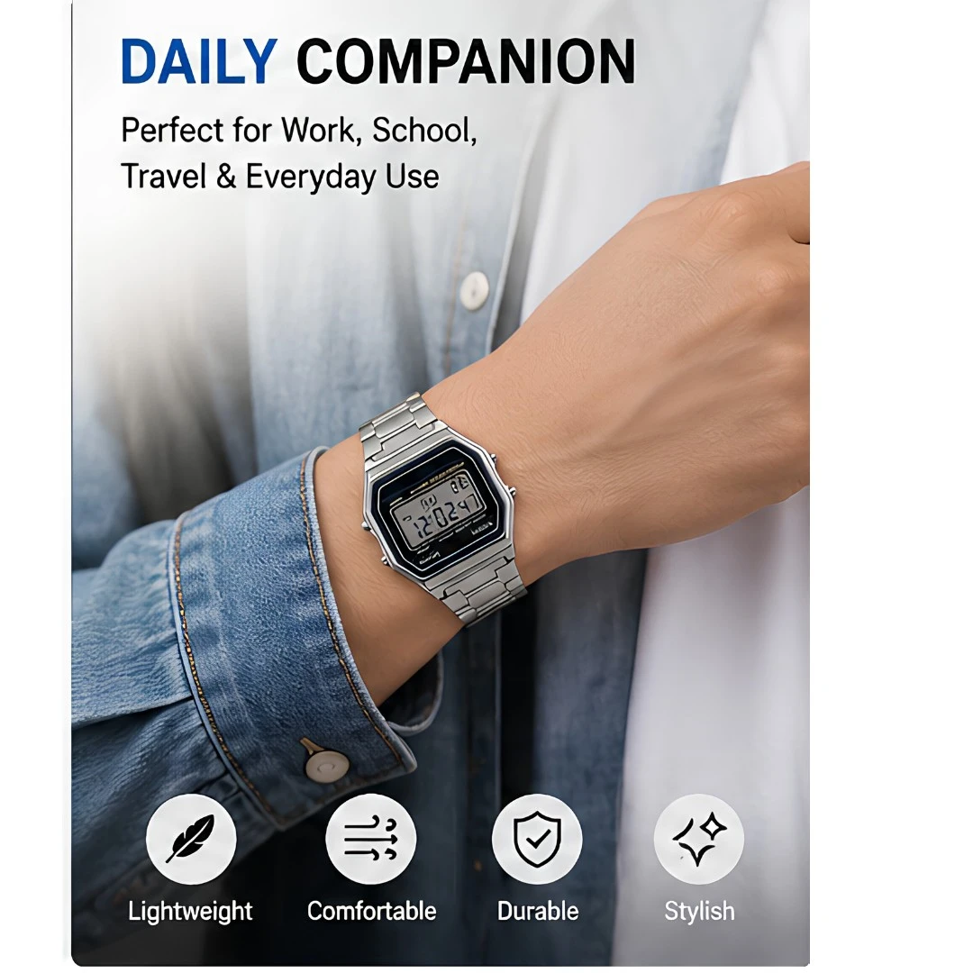 Silver digital watch worn on wrist with lifestyle text highlighting daily everyday use
