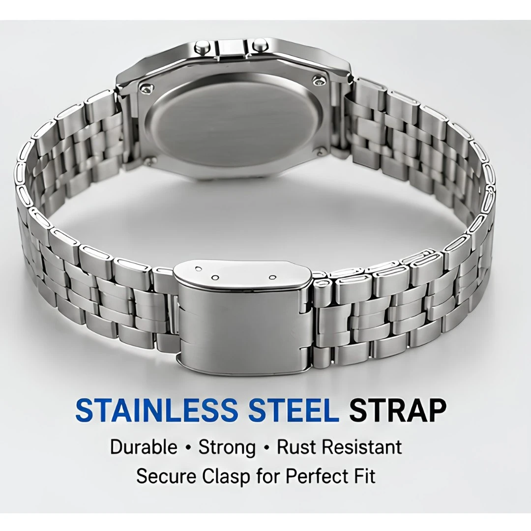 Back view of stainless steel bracelet and clasp with closed caseback and secure folding lock