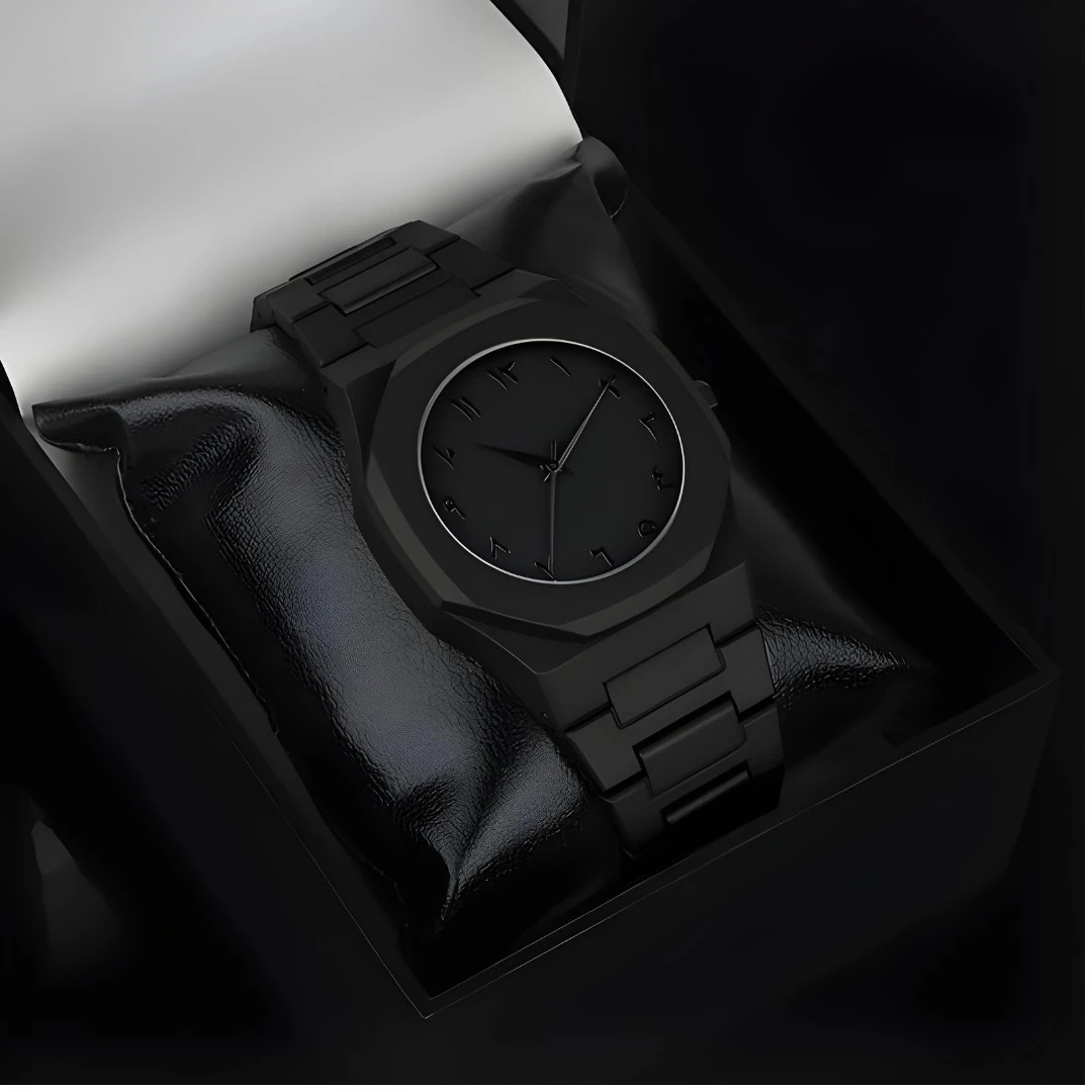 Angled close-up of the black watch resting on a cushion inside a gift box