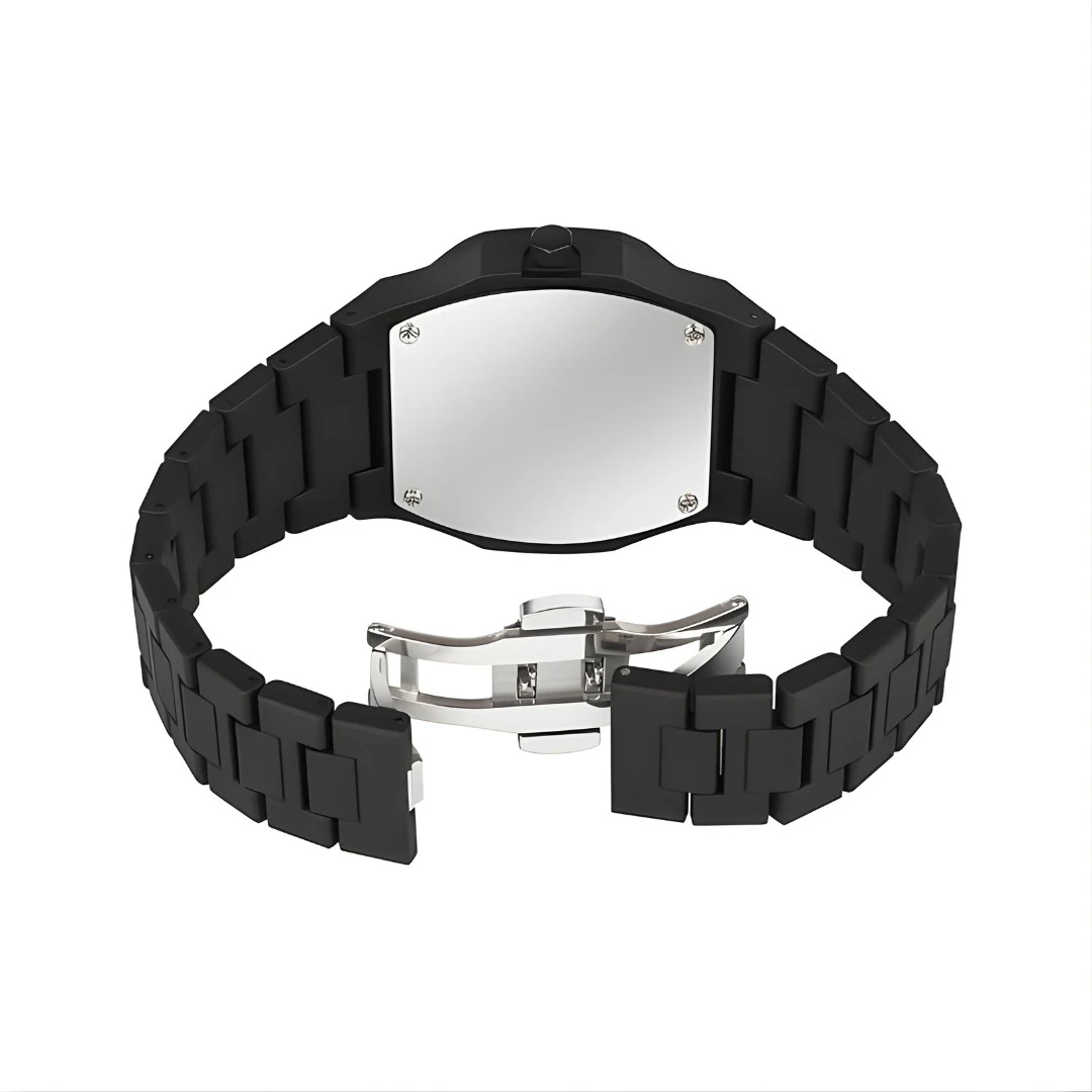 Rear view showing the watch case back and open fold-over clasp on the black link bracelet