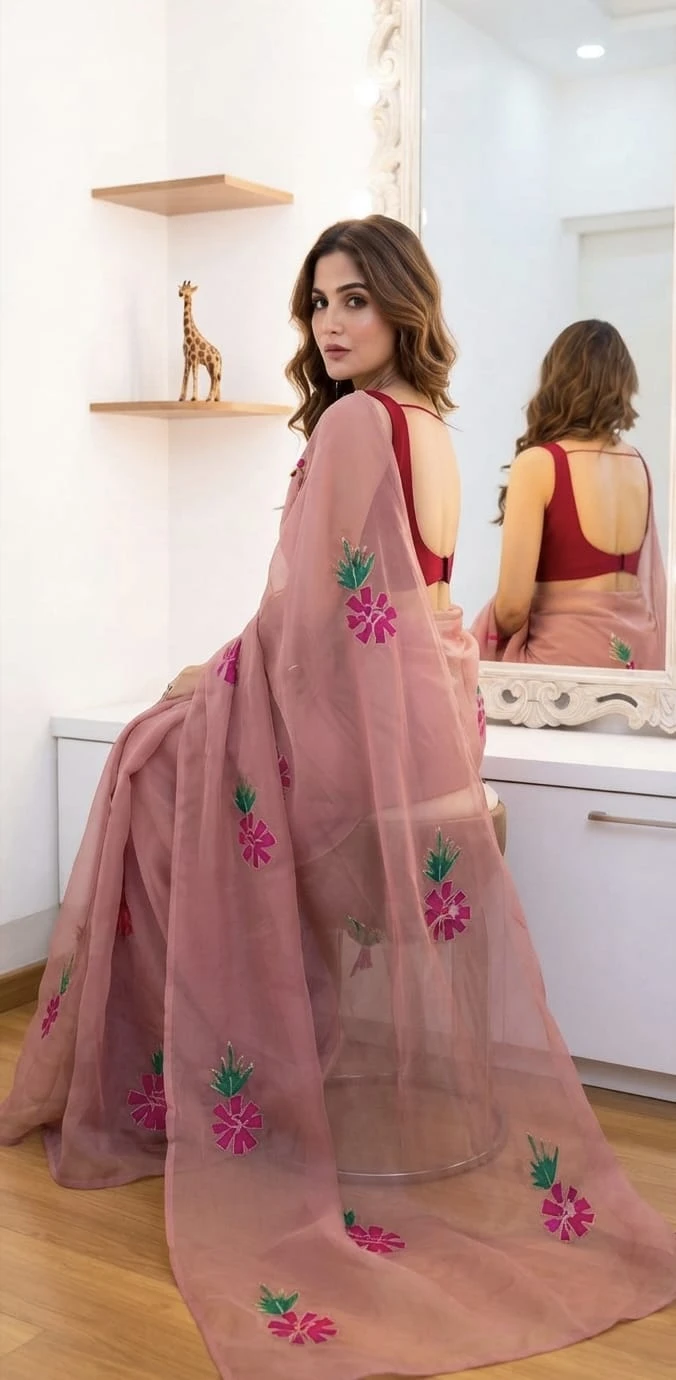 Back and side view of sheer dusty pink organza saree with floral applique work