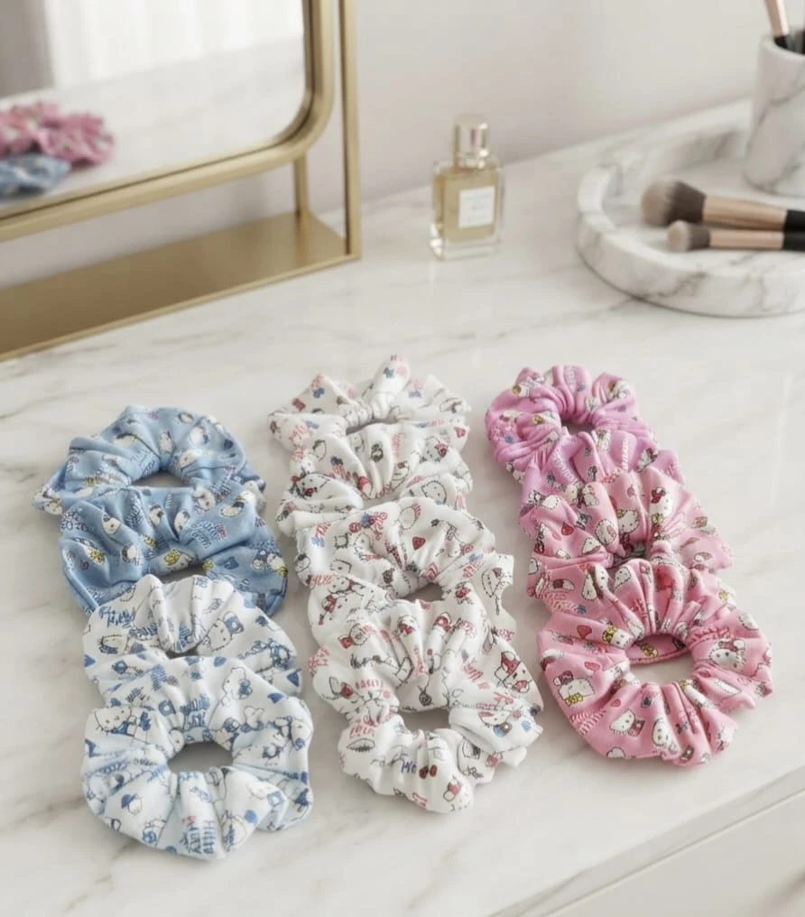 Assorted pink blue and white Hello Kitty printed cotton hair scrunchies pack
