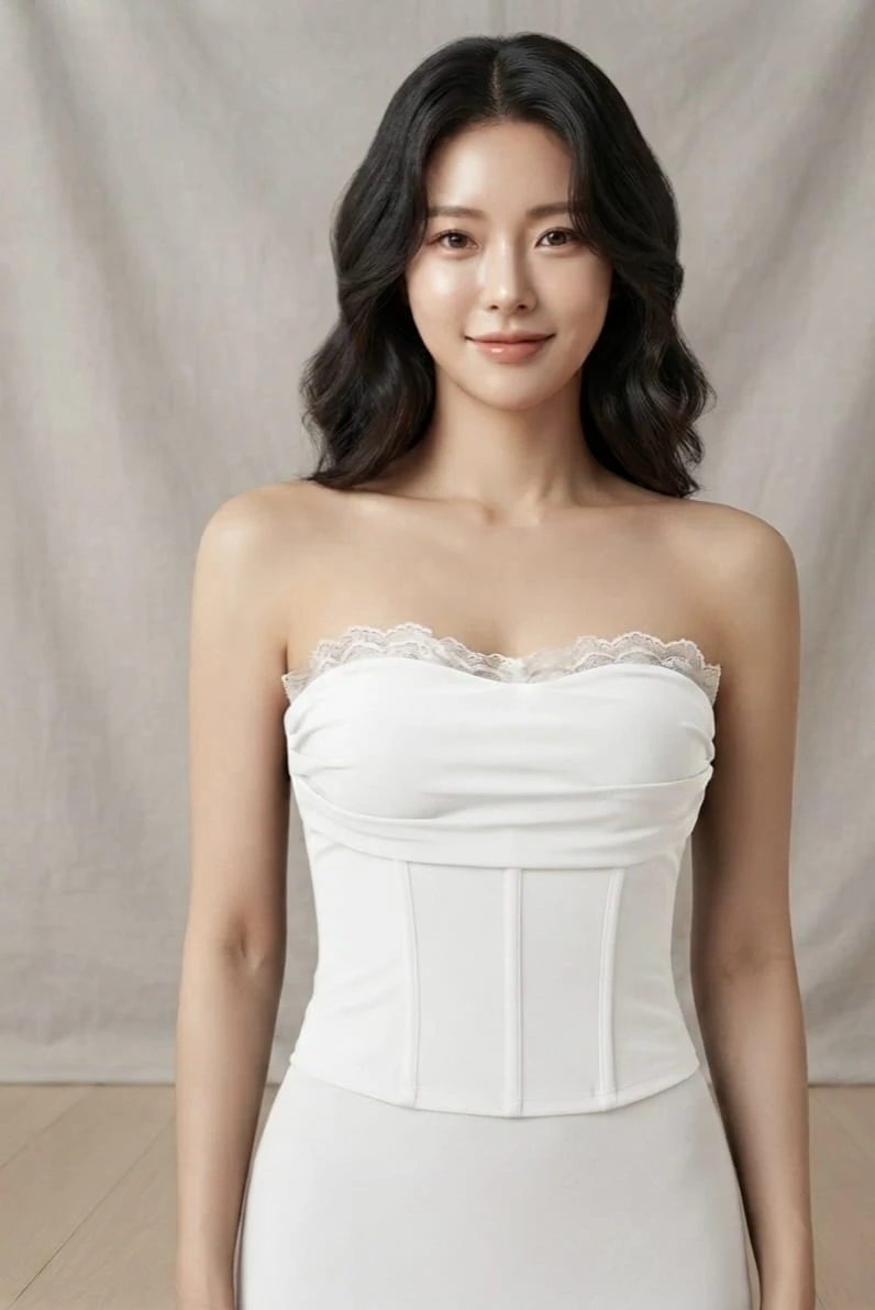 White free size lace trim strapless corset tube top worn front view