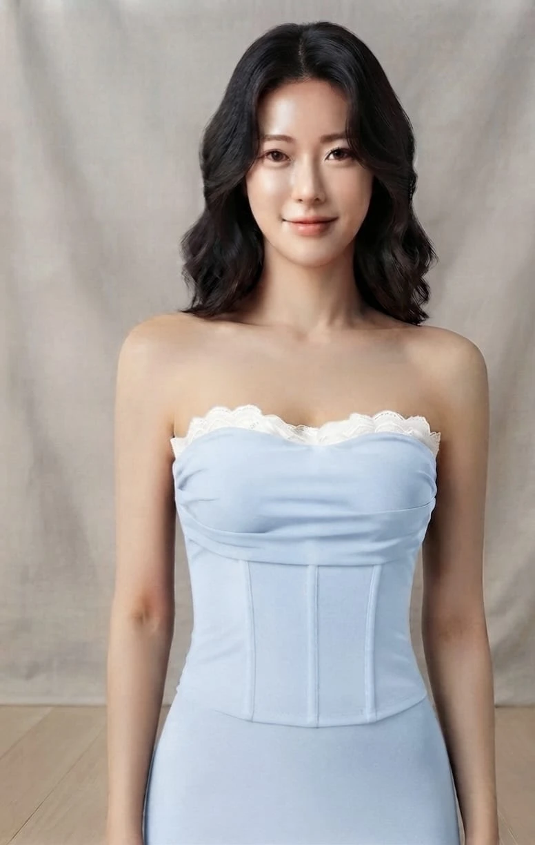 Sky blue free size lace trim strapless corset tube top worn front view