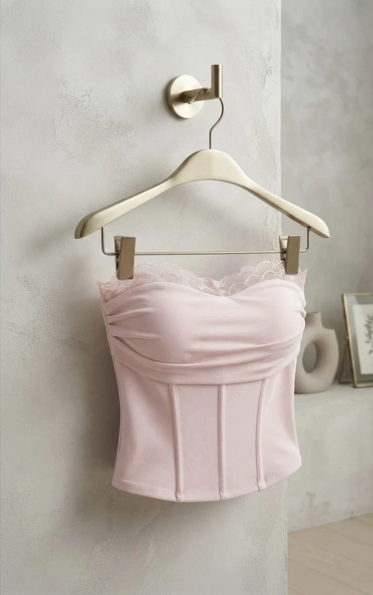 Pink lace trim strapless corset tube top displayed on hanger