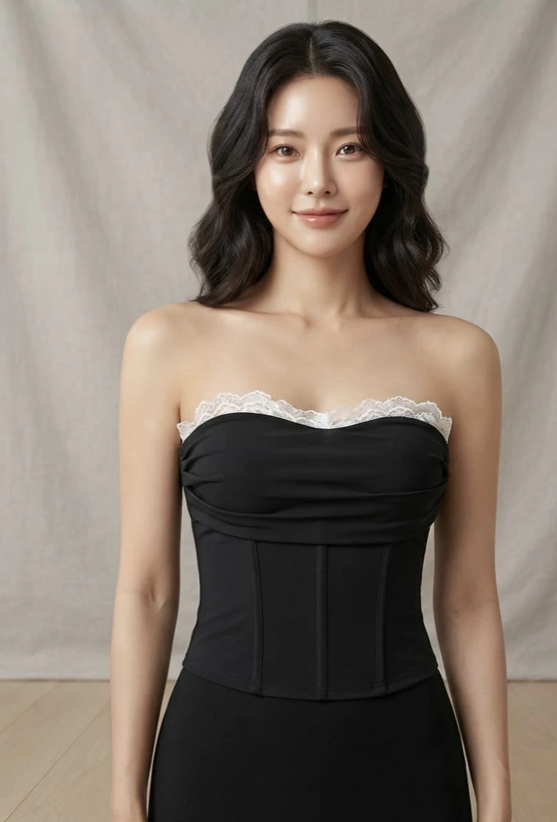 Black free size lace trim strapless corset tube top worn front view